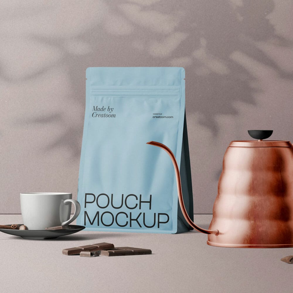 Free Scene With Coffee Pouch Mockup And Cup Front View