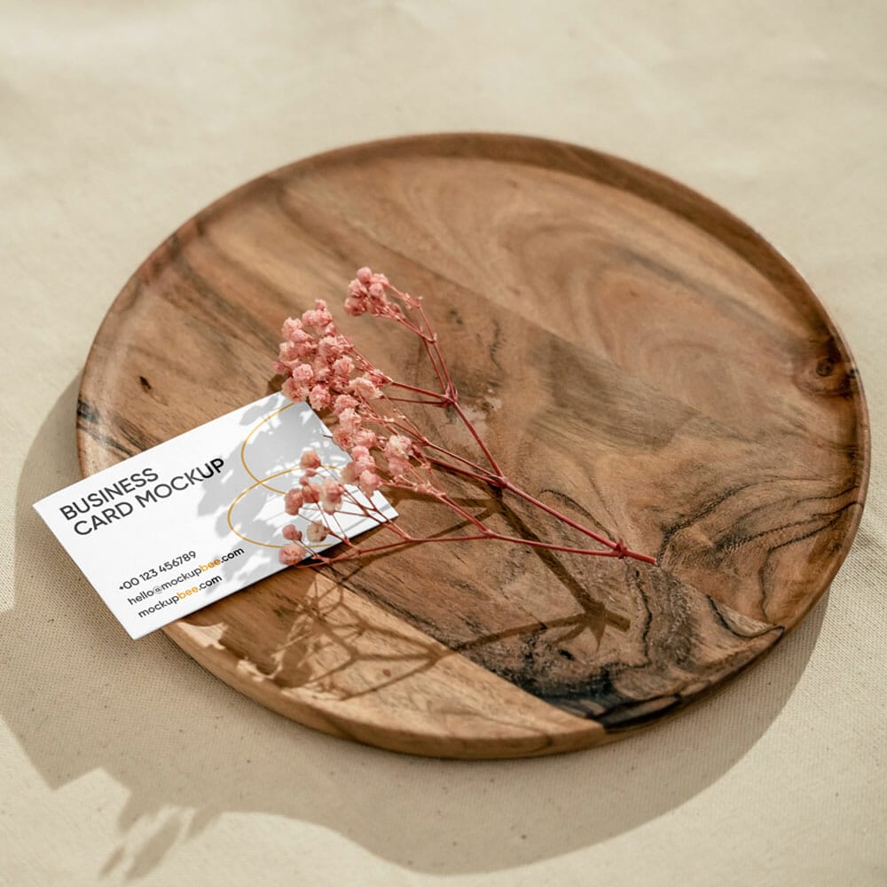 Free Business Card On Round Plate Mockup