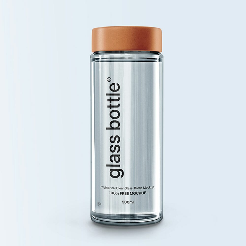 Free Cylindrical Clear Glass Bottle Mockup