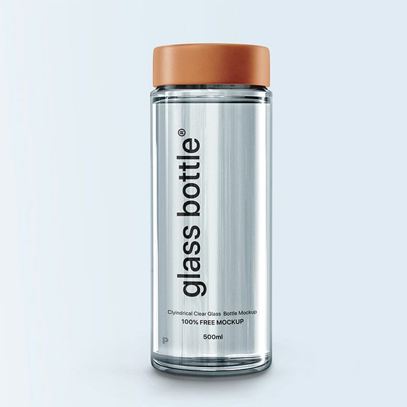 Free Cylindrical Clear Glass Bottle Mockup