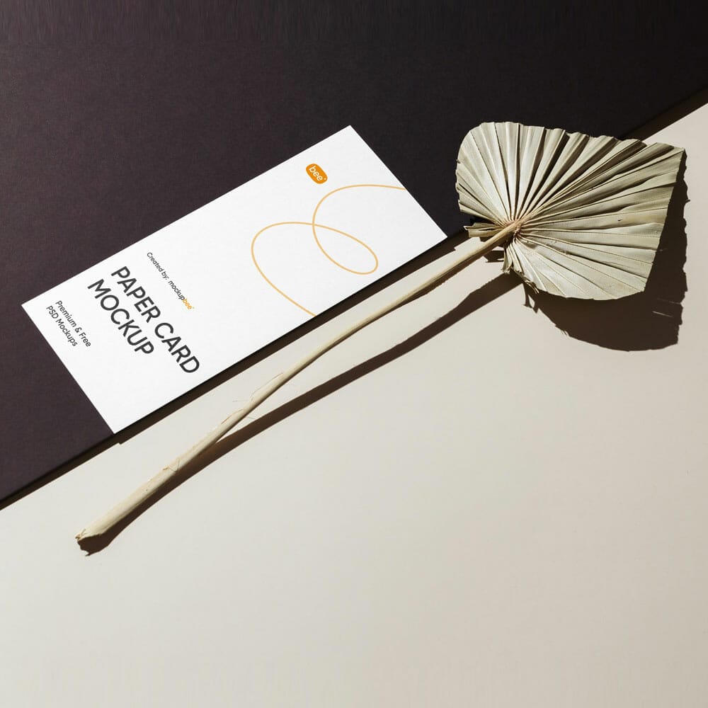 Free Oblong Paper Card With Leaf Mockup