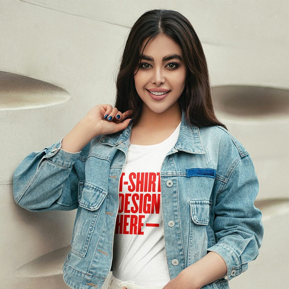 Standing Girl Wearing T-Shirt Mockup With Denim Jacket