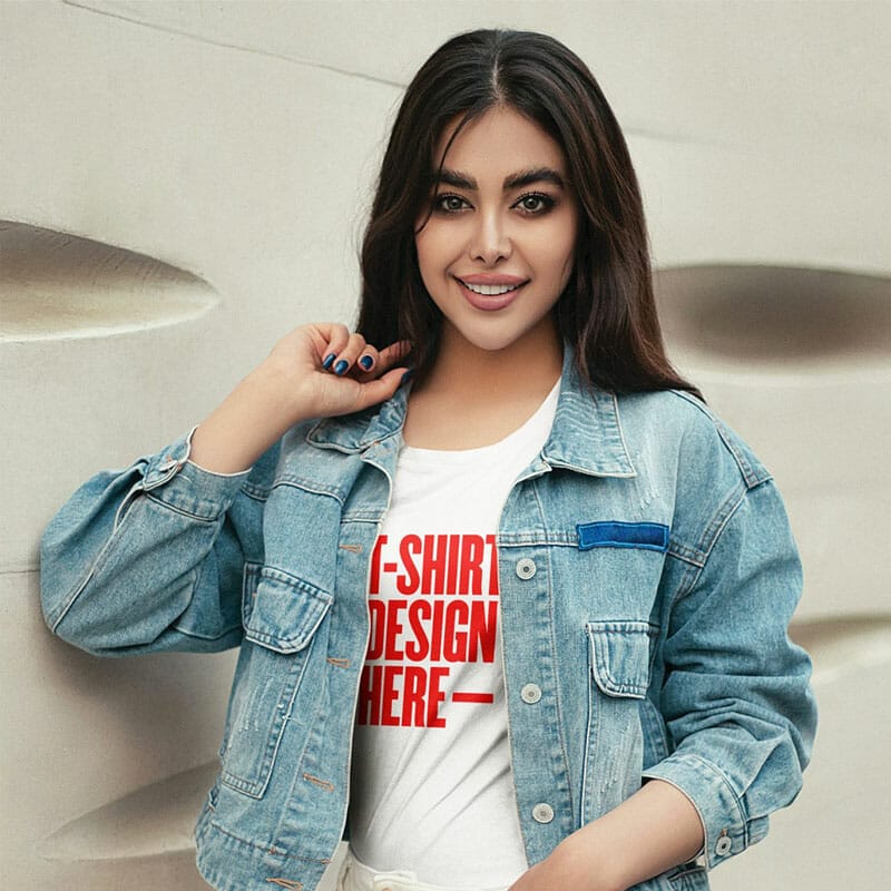 Standing Girl Wearing T-Shirt Mockup With Denim Jacket