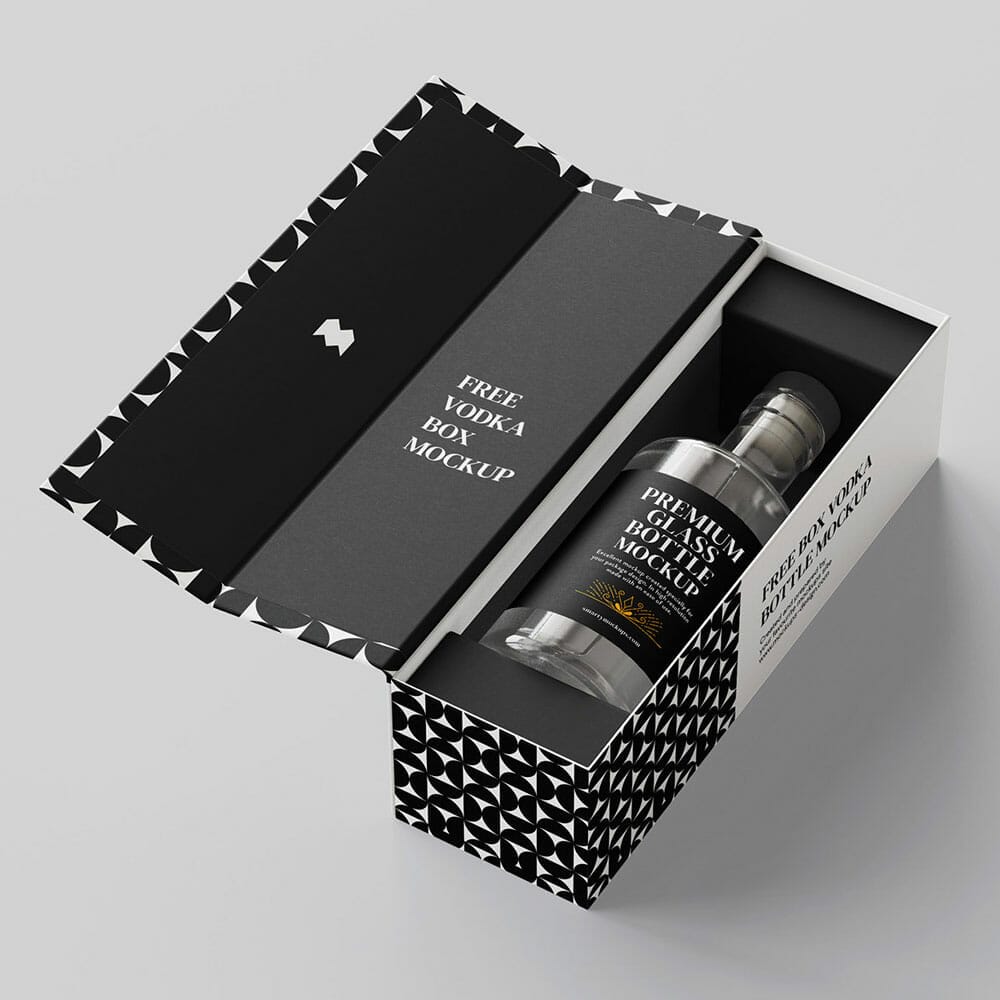 Vodka Bottle In Box Mockup