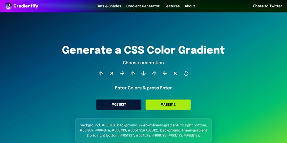 CSS Gradient Generator miễn phí hàng đầu - CSS Gradient Generator là một công cụ tuyệt vời phát triển bởi những chàng trai trẻ nhiệt huyết, giúp bạn thiết kế hình nền hoàn hảo cho trình duyệt của mình. Chỉ với vài thao tác đơn giản, bạn sẽ có được hình nền tuyệt vời và hoàn toàn miễn phí.