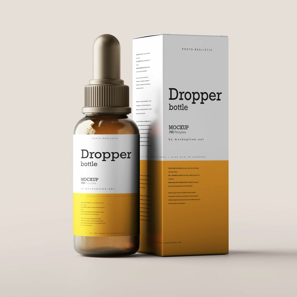Amber Glass Dropper Bottle And Box Mockups