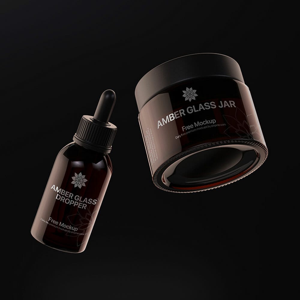 Free Floating Amber Jar And Dropper Mockup