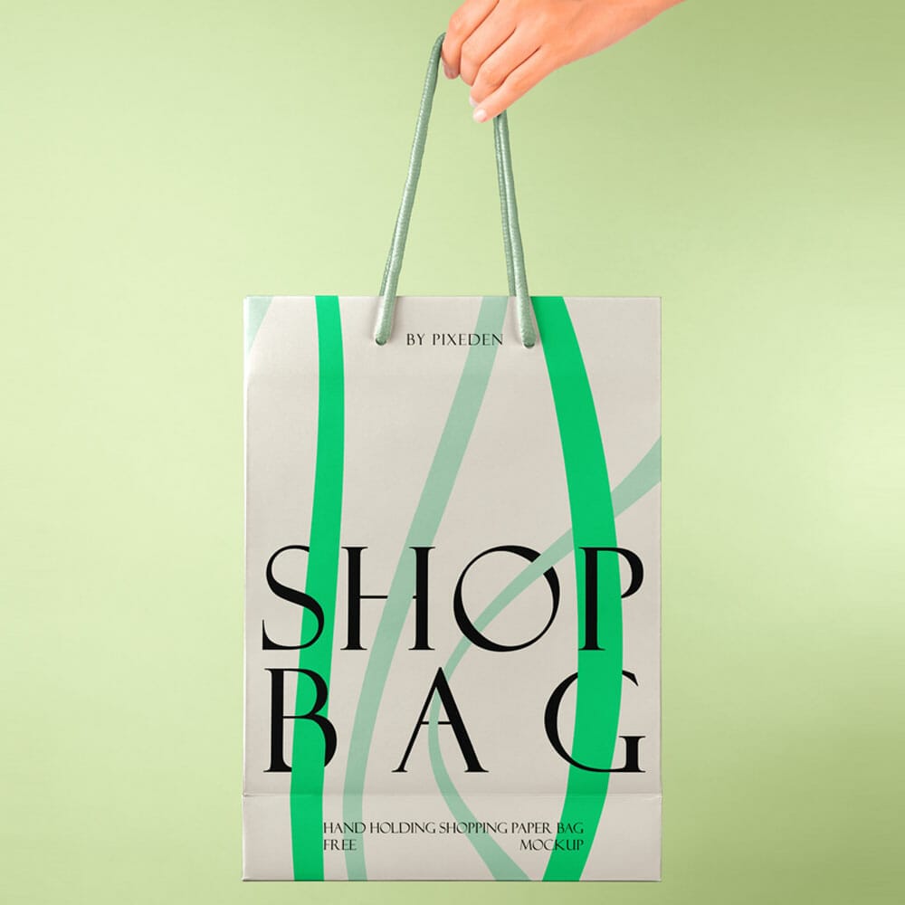 Free Hand Holding Paper Bag PSD Mockup