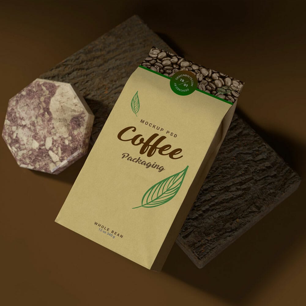 Free Kraft Paper Coffee Standing Pouch Mockup PSD