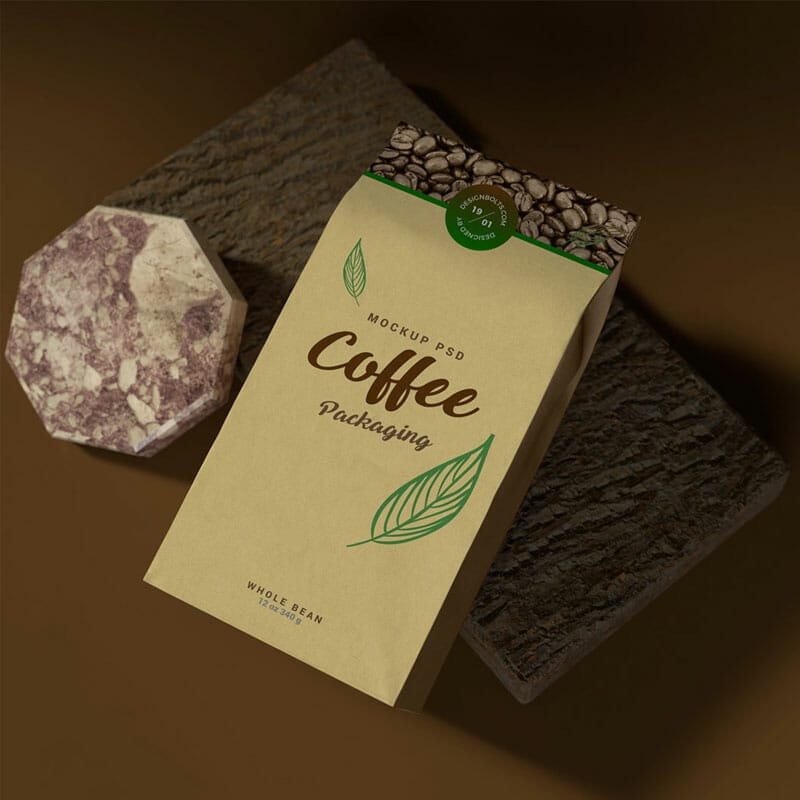 Free Kraft Paper Coffee Standing Pouch Mockup PSD