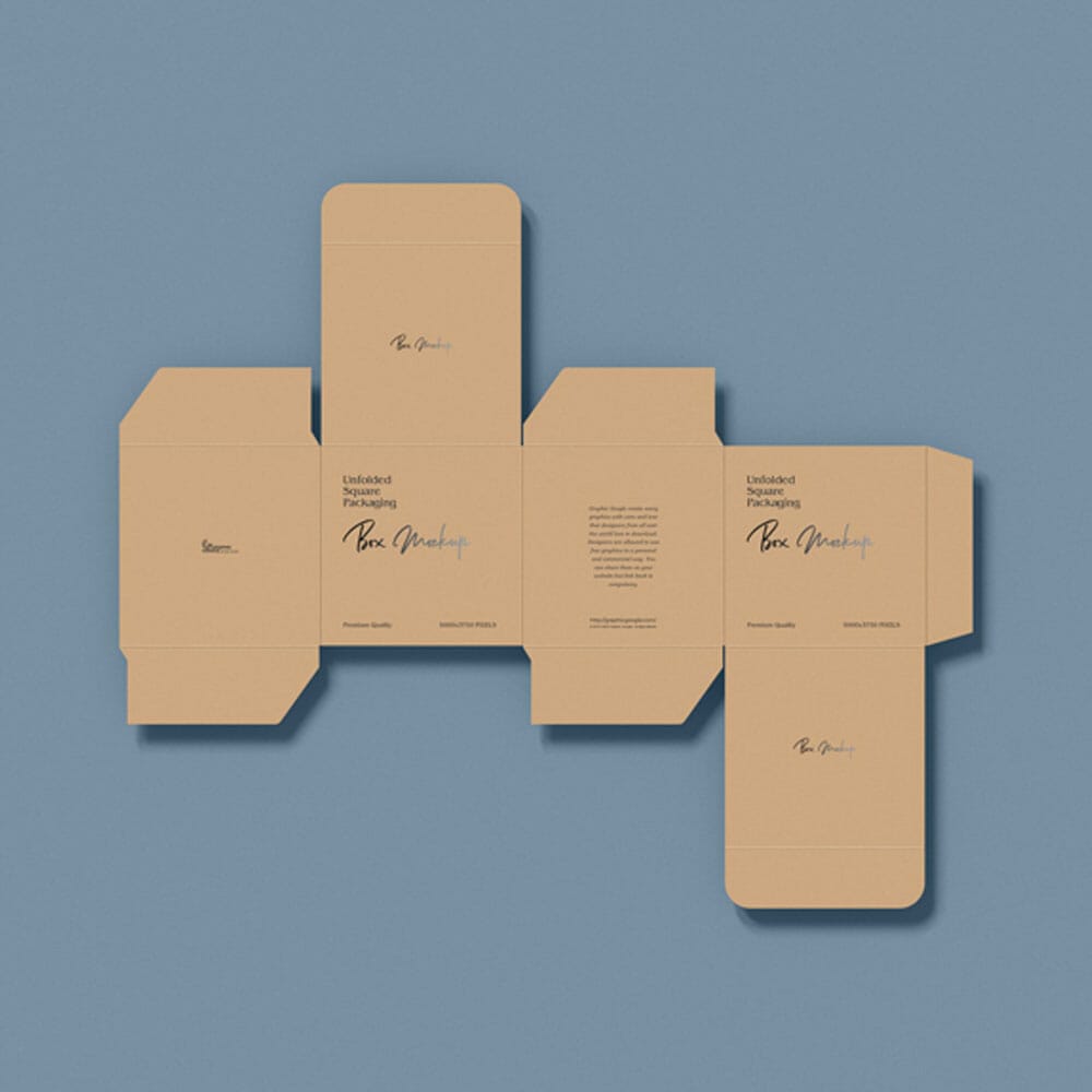 Free Unfolded Square Packaging Box Mockup