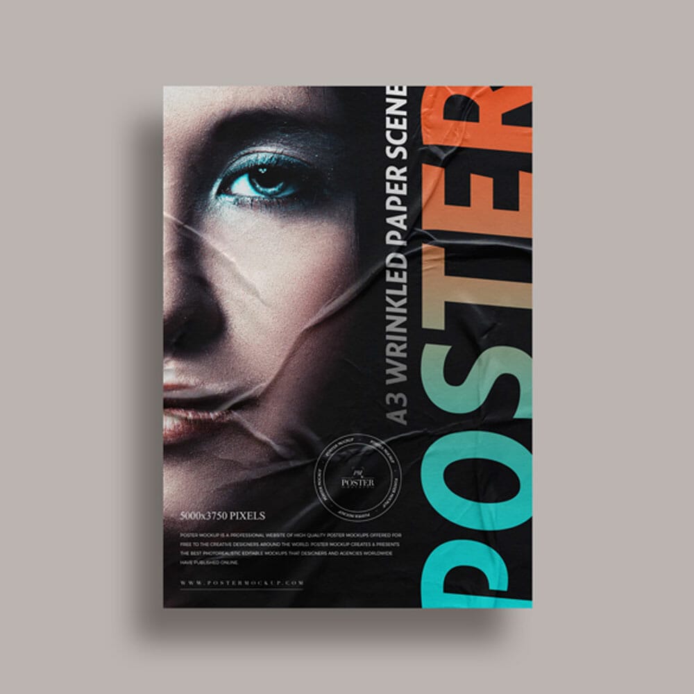 A3 Wrinkled Paper Scene Poster Mockup PSD