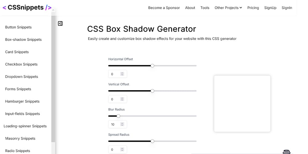 Cssnippets CSS Box Shadow Generator