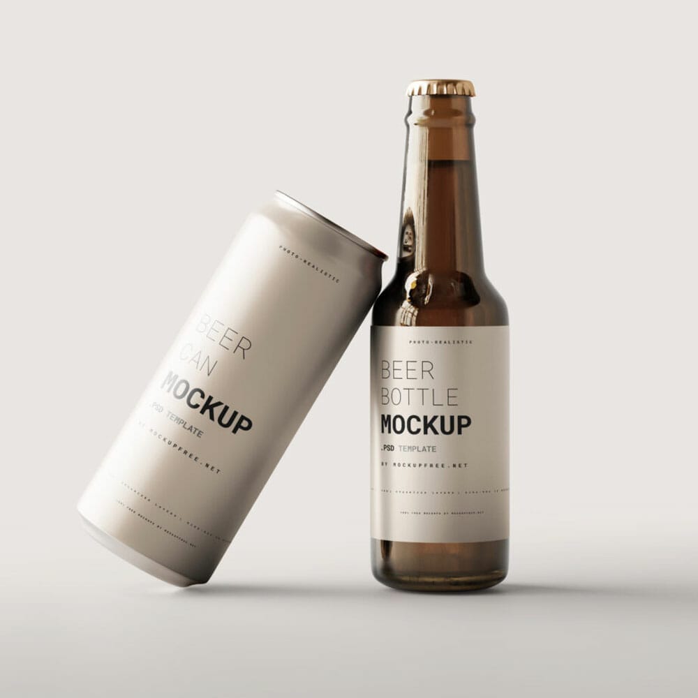 Free Beer Bottle With Can Mockup