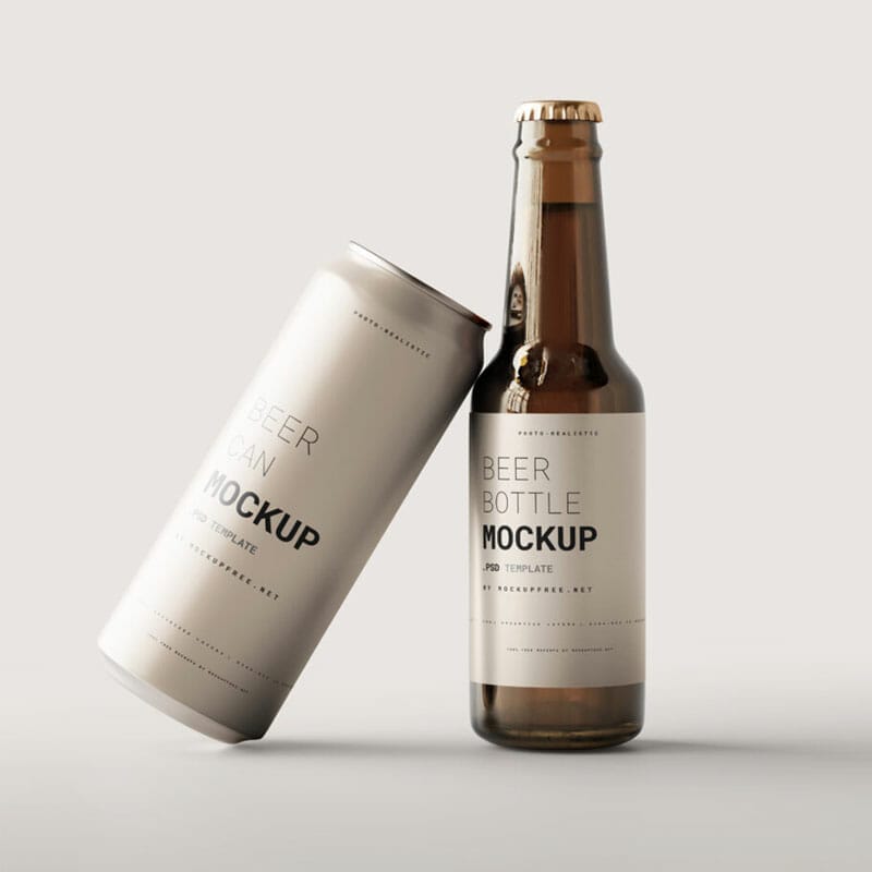 Free Beer Bottle With Can Mockup