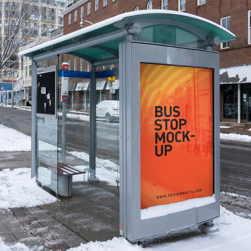Free Bus Stop In Winter MUPI Mockup PSD