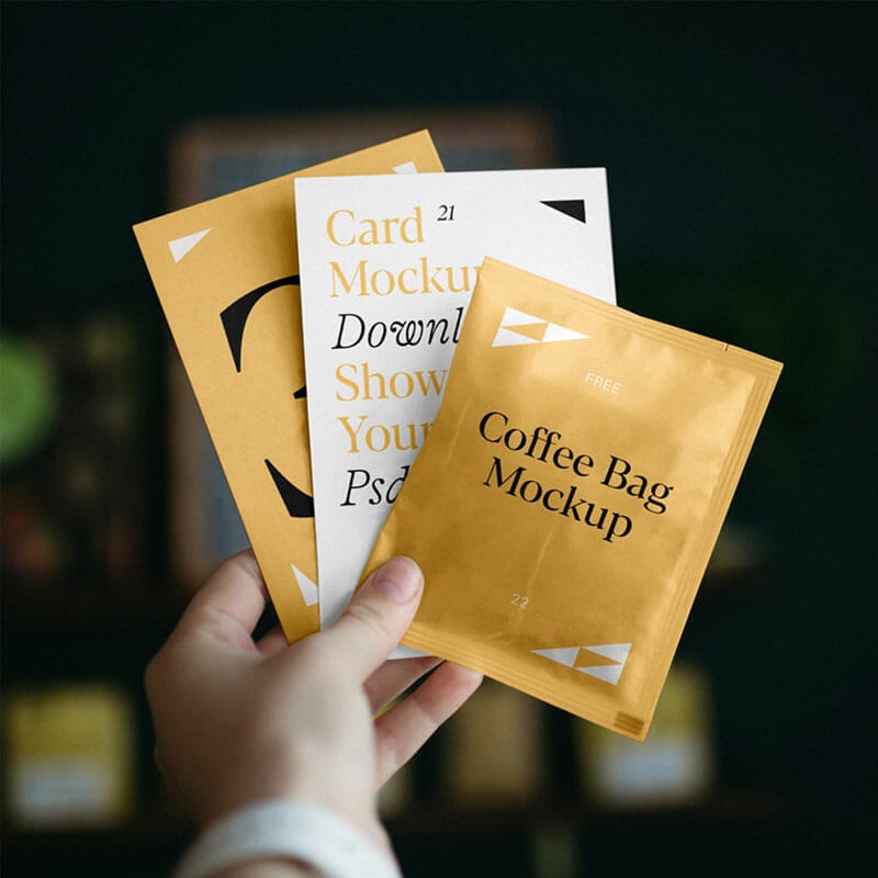 Free Cards With Coffee Bag Mockup PSD