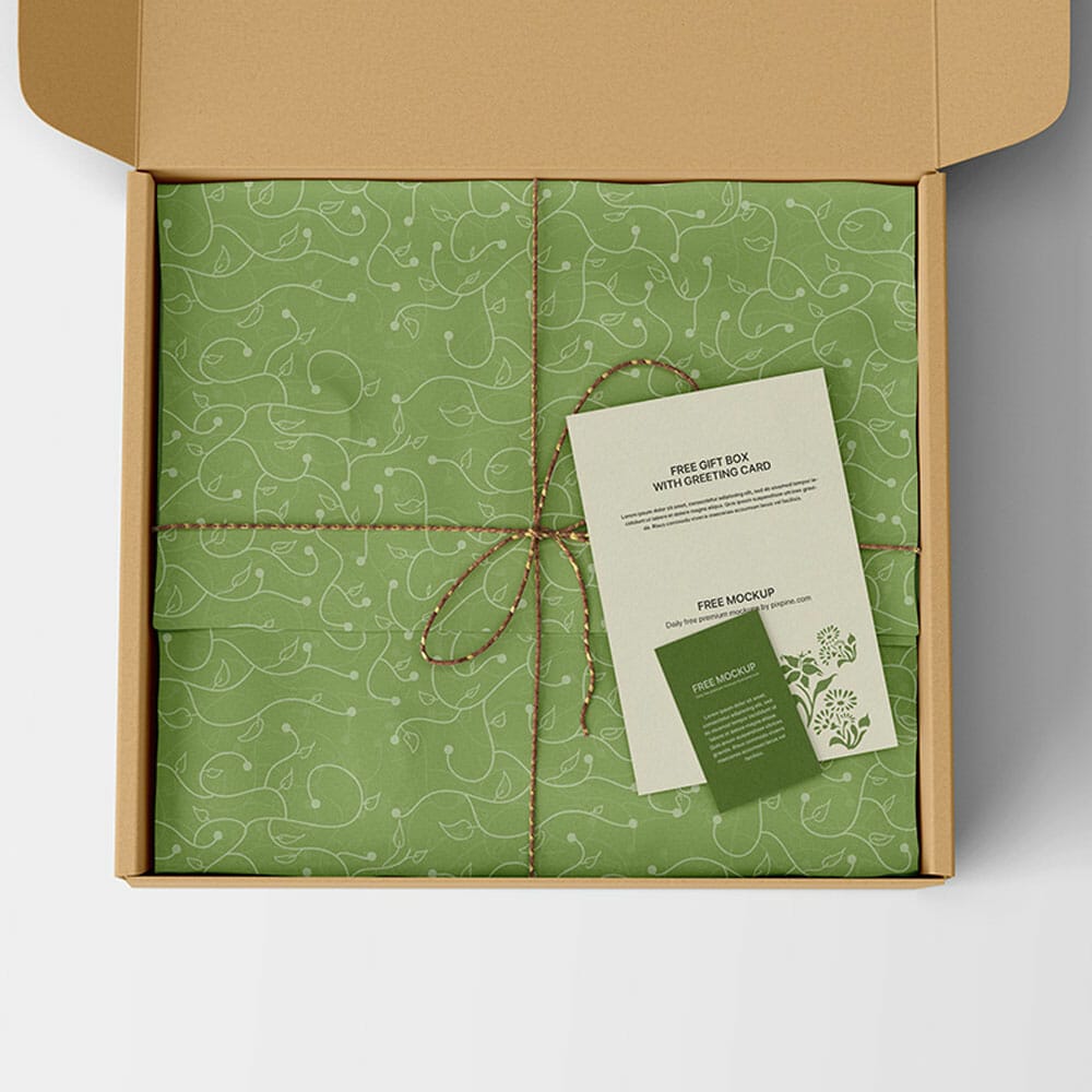 Free Gift Box With Greeting Card Mockup