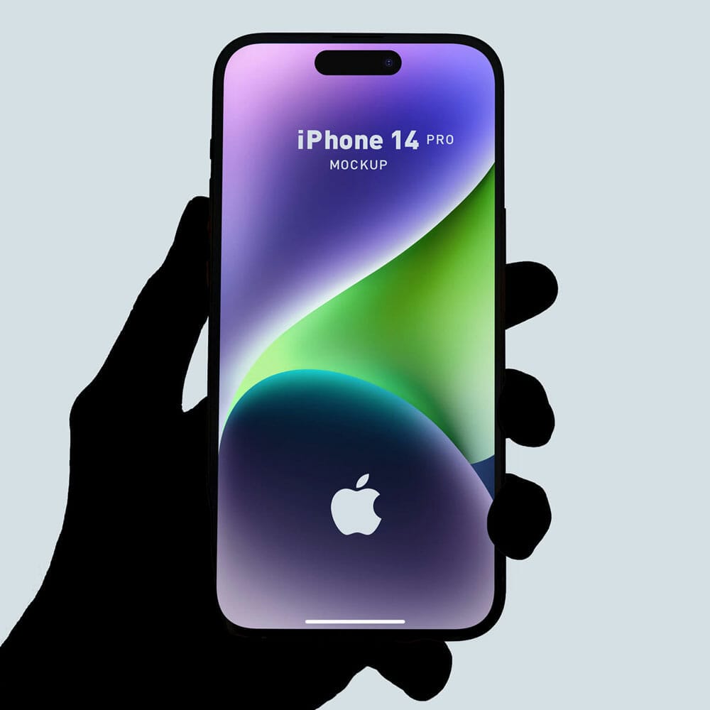 Free Hand Holding Silhouette iPhone 14 Pro Mockup PSD
