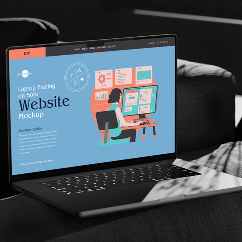 Free Laptop Placing On Sofa Website Mockup