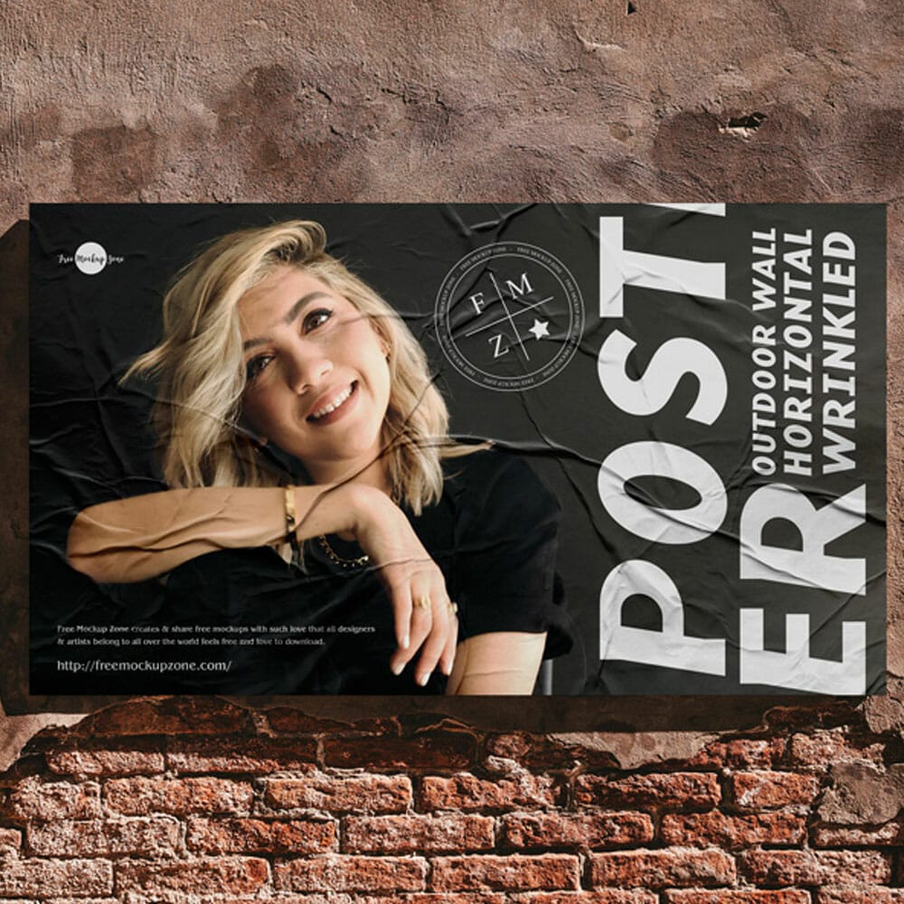 Free Outdoor Wall Horizontal Wrinkled Poster Mockup