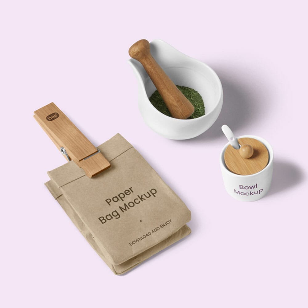 Free Paper Bag With Bowl Mockup
