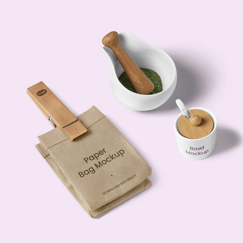 Free Paper Bag With Bowl Mockup