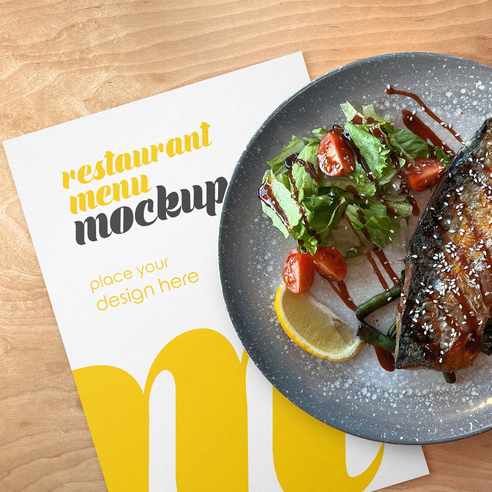 Free Restaurant Menu Mockup With Fish Dish On A Plate