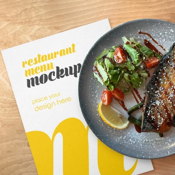 Free Restaurant Menu Mockup With Fish Dish On A Plate