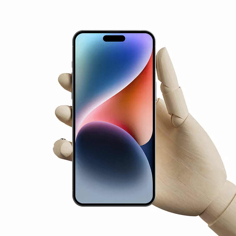 Free Wooden Hand Holding iPhone 14 Pro Max Mockup