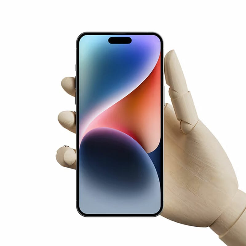 Free Wooden Hand Holding iPhone 14 Pro Max Mockup