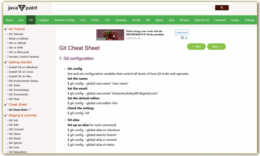 Git Cheat Sheet | Javatpoint