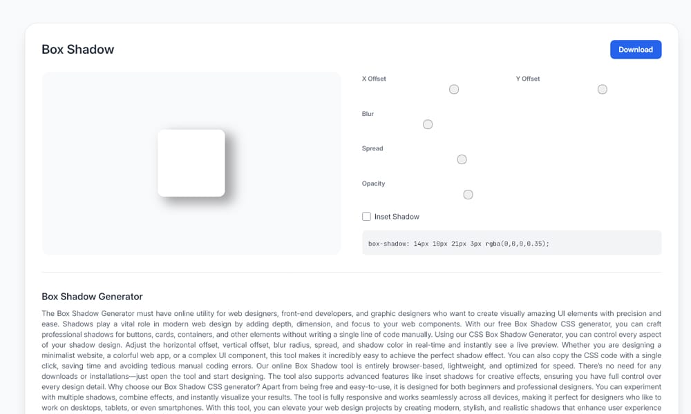 WebToolfy Box Shadow Generator