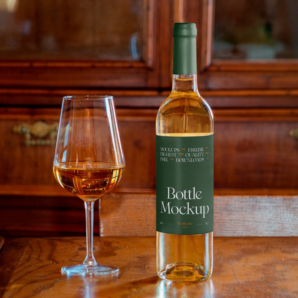 Free Bottle With Wine Glass Mockup PSD