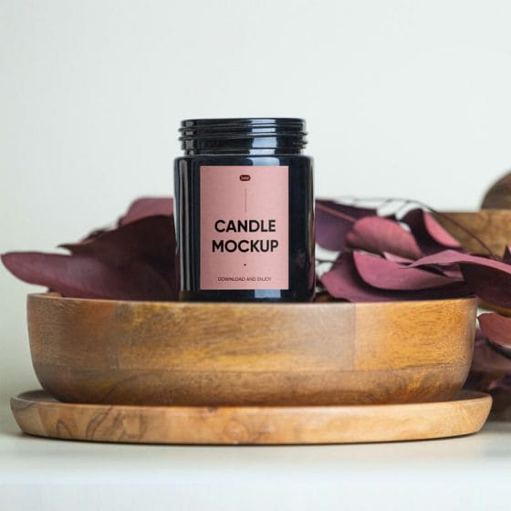 Free Candle With Wooden Bowl Mockup