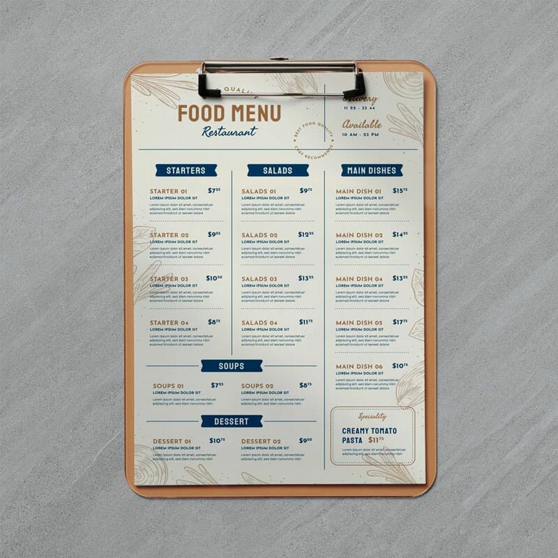 Free Clipboard Restaurant Menu Mockup PSD