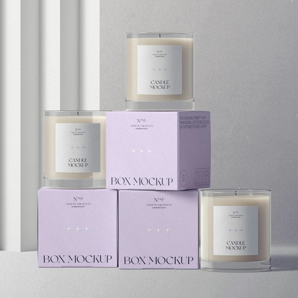 Free Front View Box And Candle Mockups PSD