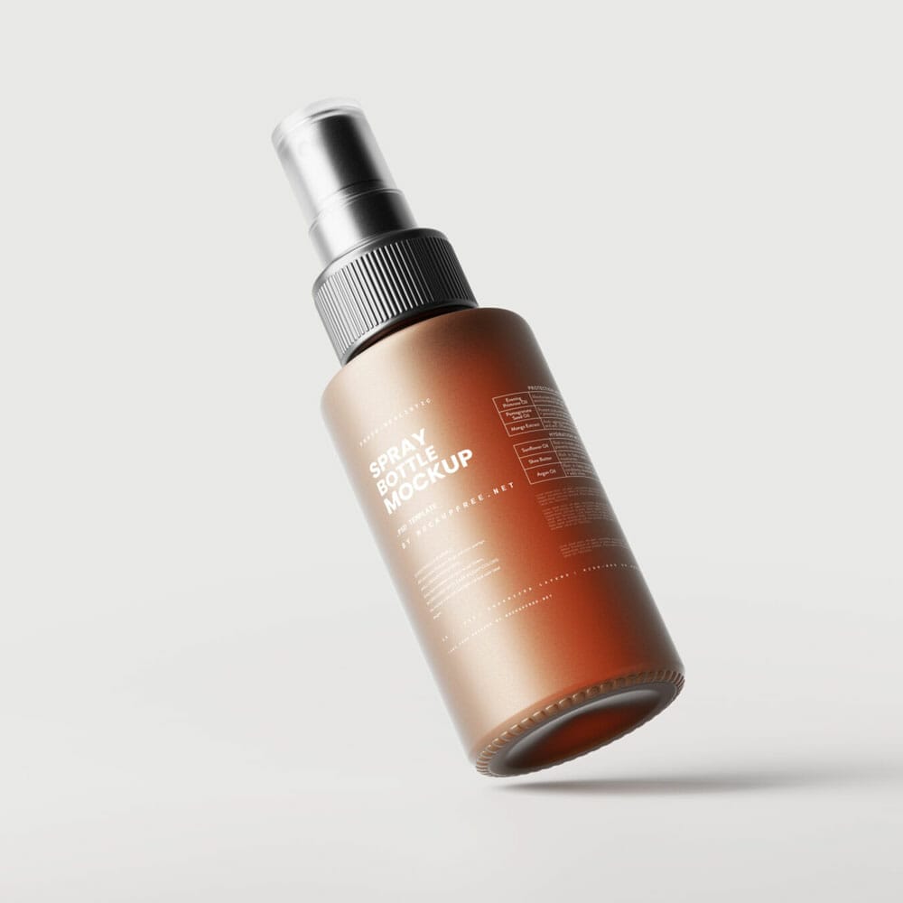 Free Frosted Amber Glass Spray Bottle Mockups PSD