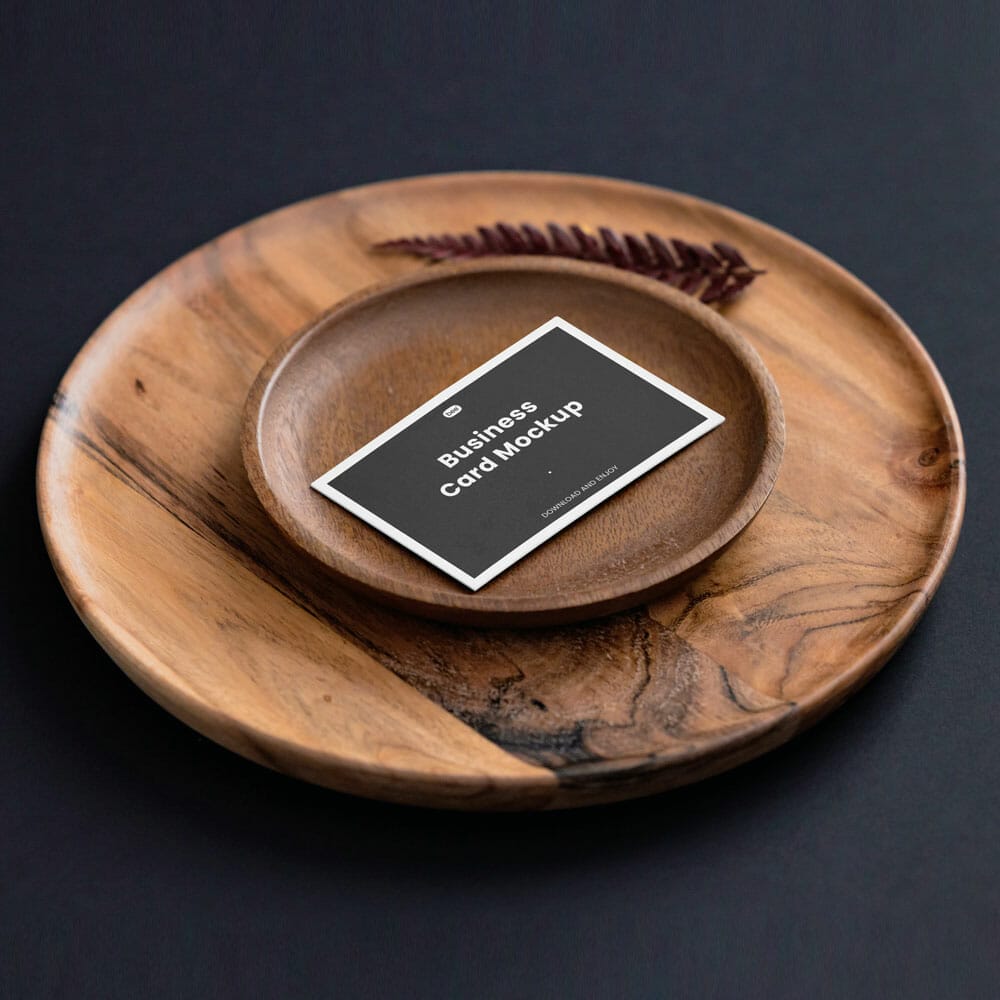 Free Perspective Business Card On Wooden Plate Mockup