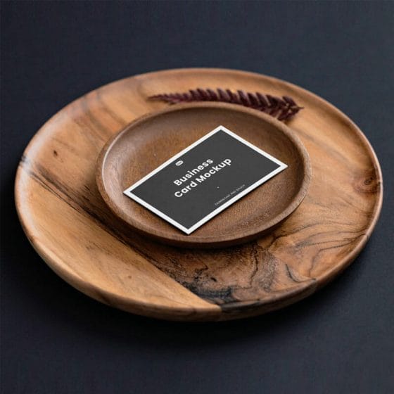Free Perspective Business Card On Wooden Plate Mockup