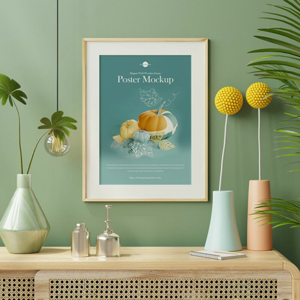 Free Premium Elegant Wall Wooden Frame Poster Mockup