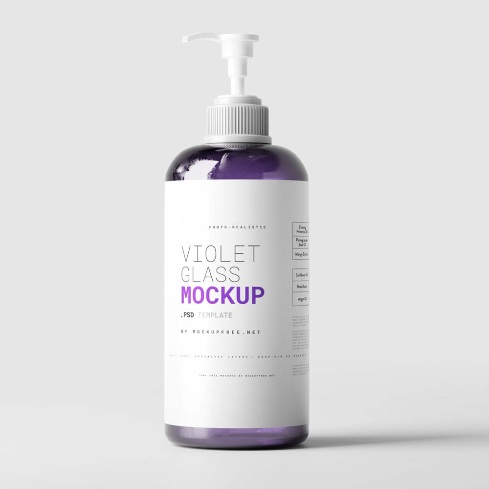 Free Violet Glass Pump Bottle Mockup