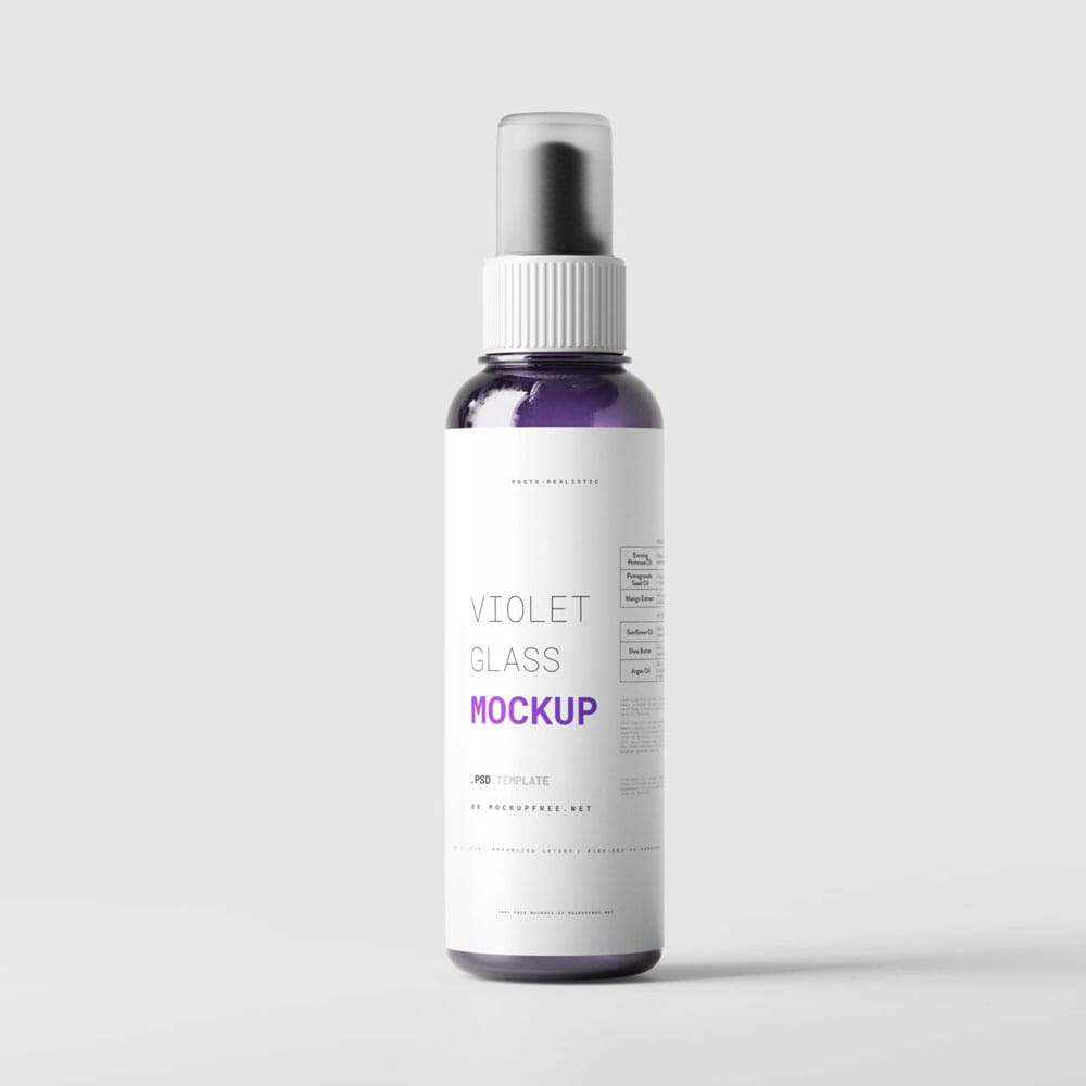 Free Violet Glass Spray Bottle Mockup PSD