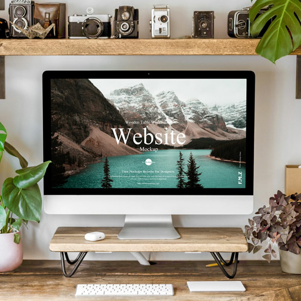 Free Wooden Table Workstation Website Mockup