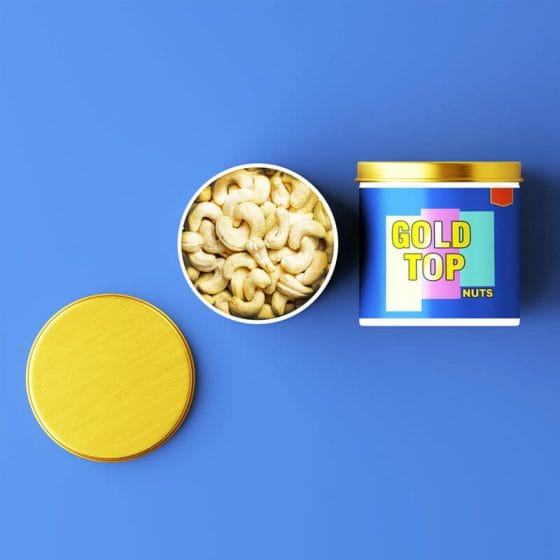 Gold Top Nuts - Cashew Nut Tin Can Mockup
