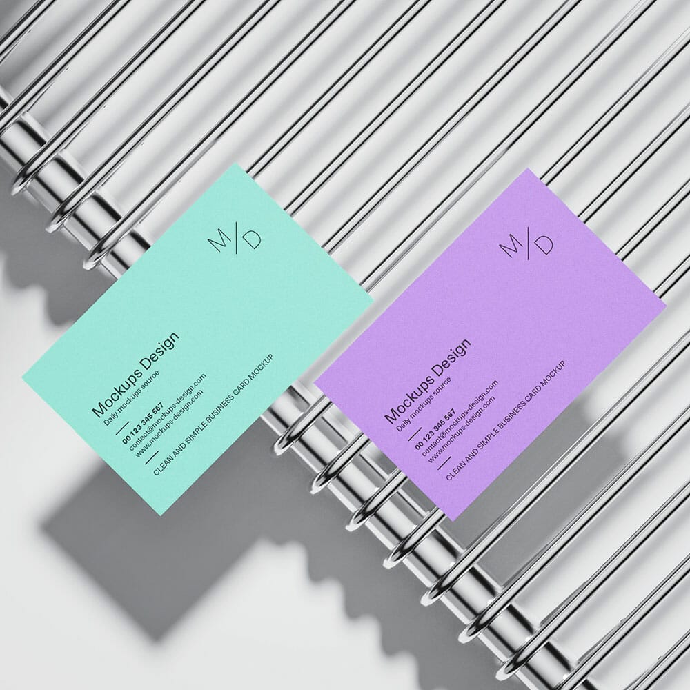 Free Business Cards On Metal Grid Mockup PSD