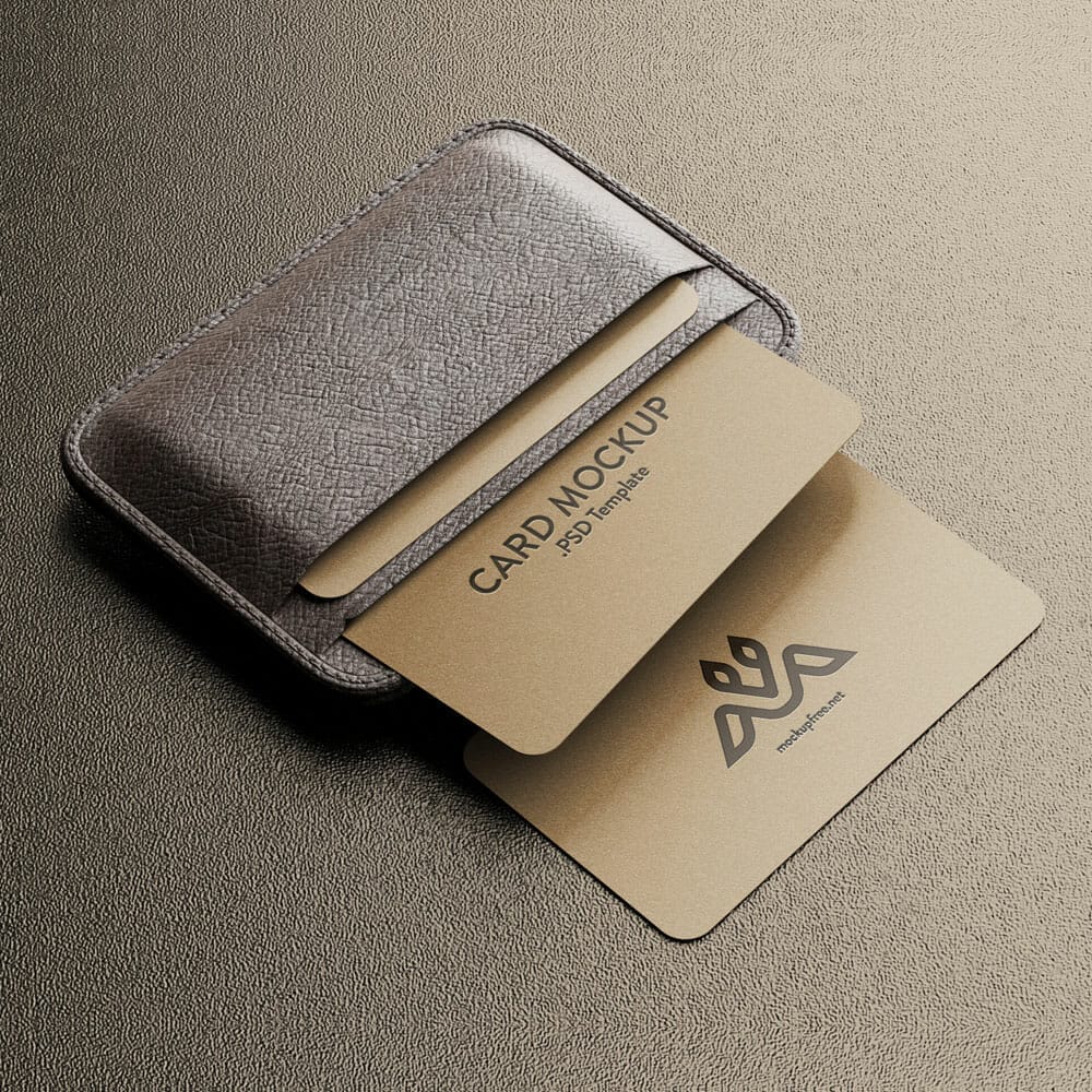 Free Business Cards With Leather Holder Mockup PSD