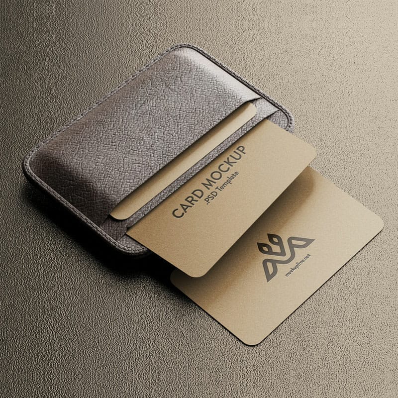 Free Business Cards With Leather Holder Mockup PSD