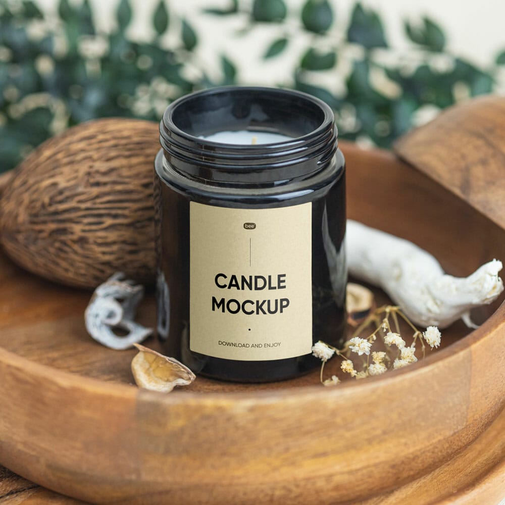 Free Candle In Wooden Bowl Mockup PSD