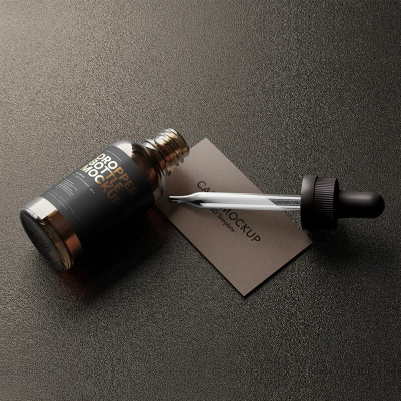 Free Dropper Bottle With Business Card Mockup PSD
